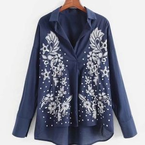 Zara Embroidered Floral Blouse Navy Blue Size Small